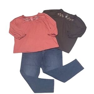 Two St. John's Bay Blouses Embroidered Lettuce Hem Cutout Neckline Flowy Fit